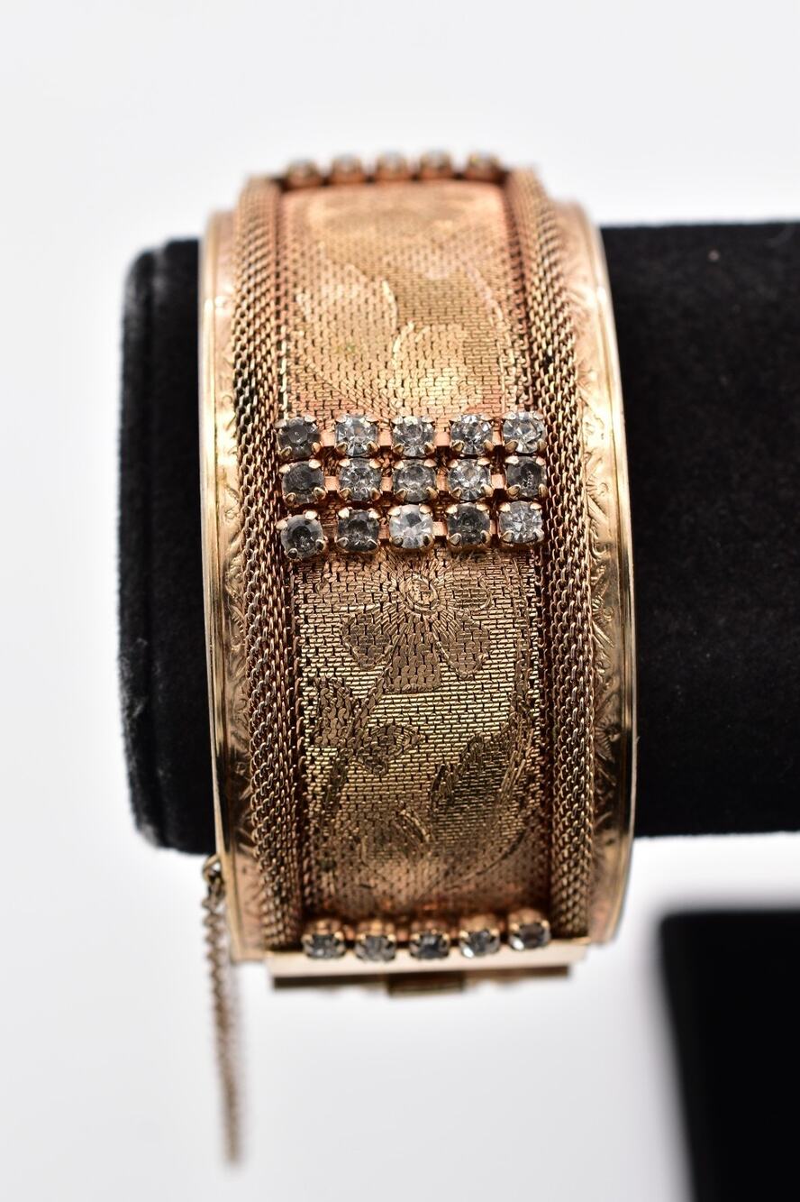 Vargas Vintage Rhinestone Mesh Hinged Bangle Bracelet Rose Gold Tone Floral BinO